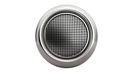 Round audio speaker with metallic grille isolated on a white background