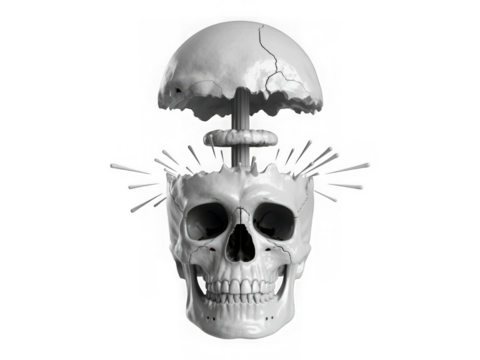 Macabre mushroom cloud explodes from human skull symbolizing nuclear war and destruction