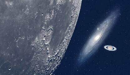 Planet Saturn as Seen from the Surface of the Moon Andromeda galaxy in the background  "Elements of this Image Furnished by NASA" © muratart