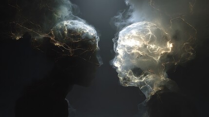 human head made of dark smoke and light fibers, inside two silhouettes in combat, abstract representation of mental illness, cinematic high detail, v7 