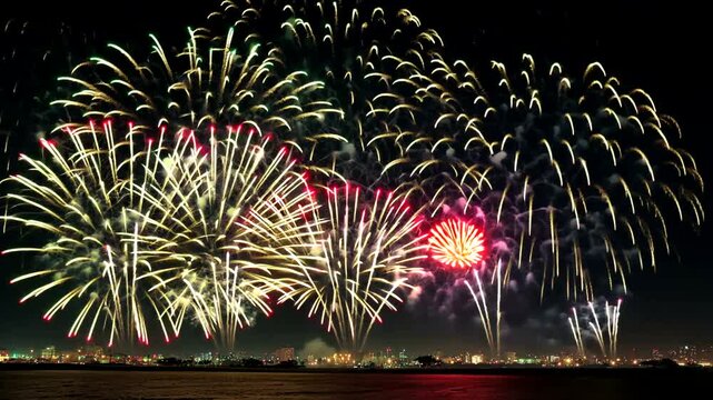 Large golden and colorful fireworks display over a city skyline at night. Fireworks are bright