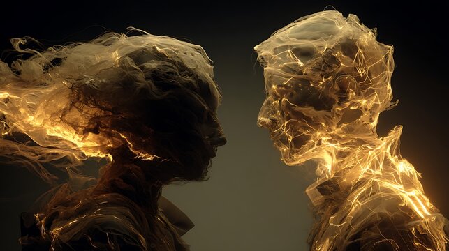 human head made of dark smoke and light fibers, inside two silhouettes in combat, abstract representation of mental illness, cinematic high detail, v7 