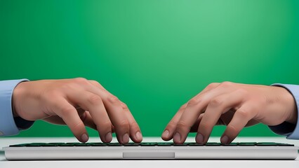 Close-up shot of hands typing on a laptop keyboard with a green background.