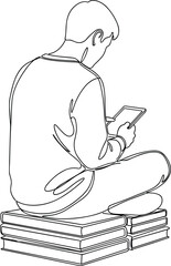 Student Sitting on Books, Reading Tablet, Education Concept, Learning Stack, Digital Study, Line Art Illustration, Knowledge Growth, Minimal Vector Sketch Isolated on White Background
