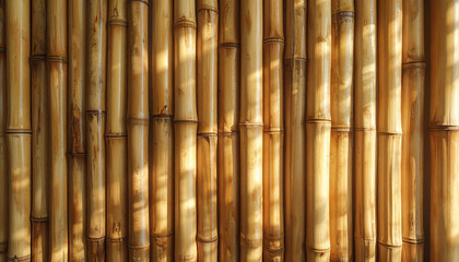 Fototapeta premium Bamboo Texture: Close-up of vertical bamboo stalks showcasing the texture and natural beauty of this versatile material, the warm sunlight highlights the intricate details of each stalk.