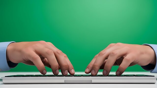 Close-up shot of hands typing on a laptop keyboard with a green background.