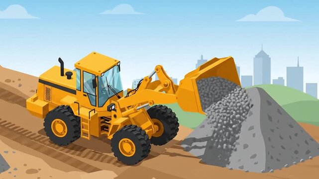 Yellow loader excavating earth against a cityscape