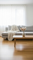 Fototapeta premium Minimal Japandi Living Room with Sofa, Coffee Table and Pampas Grass