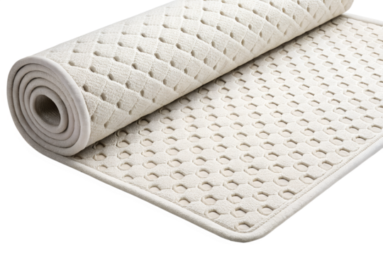 Rolled memory foam bath mat in neutral color with textured surface and round details