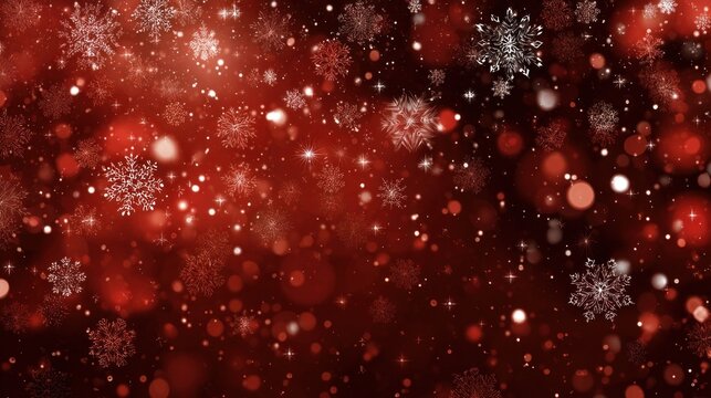Glittering red Christmas background with snowflakes and lights