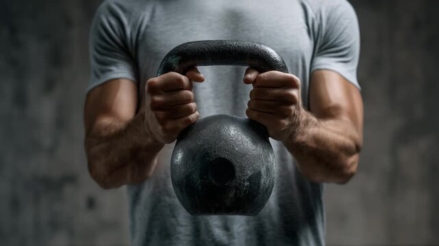 Power in Grip: A close-up shot of a person intensely gripping a heavy kettlebell, highlighting the strength and dedication required for a rigorous workout routine.