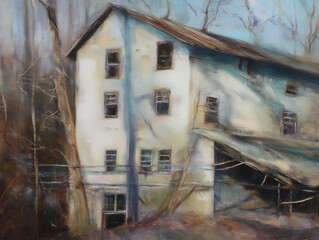 Oil Painting of an Old Abandoned Mill Building Surrounded by Bare Trees, Depicting Decay and Rustic Charm in a Textured, Impressionistic Style