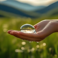Hand holding a water drop with a blurred background of green field and mountains in the distance   high resolution   for isolate image