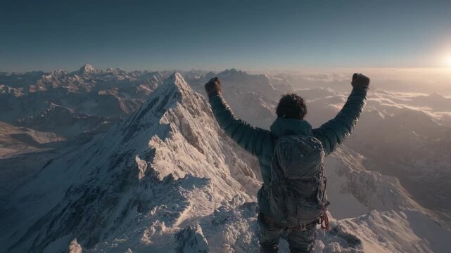 Summit Victory: Capturing a breathtaking moment of triumph, a solitary figure stands atop a snow-capped mountain, arms raised in elation against the backdrop of a radiant sun.