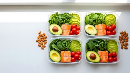 Healthy meal prep containers with fresh vegetables and avocado.