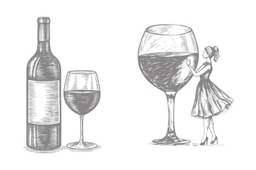wine lifestyle culture illustration. isolated hand drawn sketch line art element with bunch of ripe grapes woman dressed in retro fashion holds wine bottle and filled wine glass. Eps 10