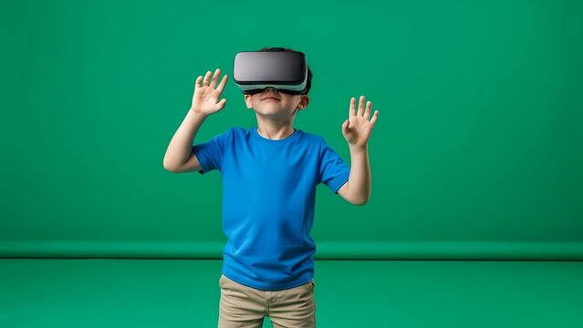 A young boy wearing a virtual reality headset and looking excited while playing a game.
