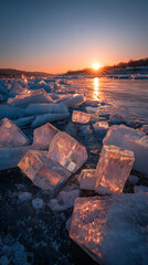 Frozen Lake Landscape at Sunrise with Ice Blocks and Golden Light Reflections, Winter Scenery with Ice Formations and Beautiful Sky, Cold Weather