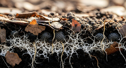 Mycorrhizal Network Beneath Leaf Litter with Soil Aggregates – Soil Ecology and Regenerative Farming Macro
