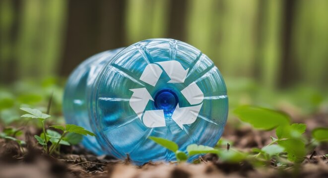 Recycle Symbol on a Plastic Bottle in Forest: Environmental Awareness