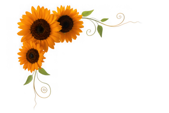 Vibrant sunflower floral corner design element with swirling greenery perfect for autumnal accents