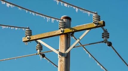 Frozen power lines and utility pole with icicles against blue sky winter weather conditions cold season