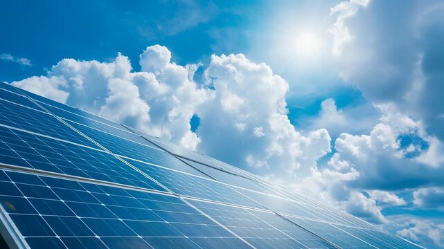 Solar panels harnessing sunlight under a bright blue sky with fluffy clouds for renewable energy