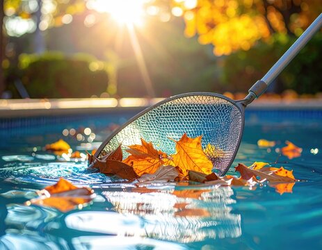 Autumn leaves caught in pool skimmer. Sunlight streams through fall foliage, highlighting a pool skimmer net filled with golden leaves
