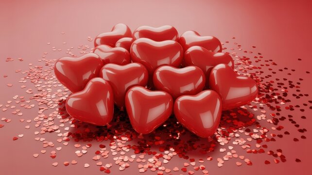 Glossy red hearts and confetti on a red background for romance