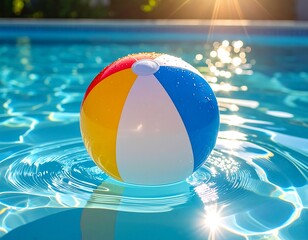 Beach ball floating in a clear blue pool with sunlight reflection