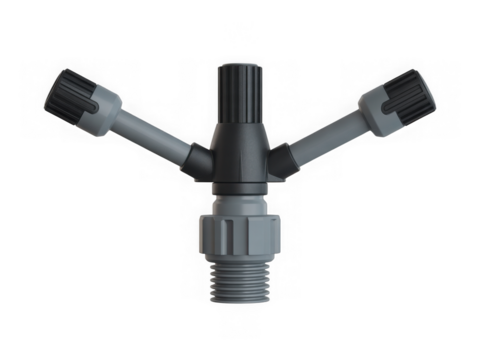 Gray and black sprinkler head with three nozzles isolated on transparent background