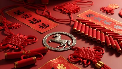 Celebrate the joyous arrival of new year 2026 with an array of vibrant red Chinese cultural decorations, featuring auspicious knots, traditional banners, and festive ornaments bringing good fortune
