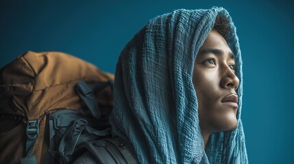 Young Southeast Asian man with a backpack, gazing thoughtfully upwards against a blue background, showcasing determination and adventure.