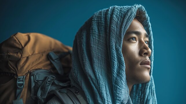 Young Southeast Asian man with a backpack, gazing thoughtfully upwards against a blue background, showcasing determination and adventure. - Powered by Adobe