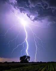 Intense lightning strike illuminates dark stormy sky