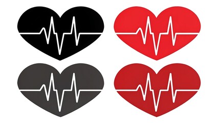 Set of four heart icons with white electrocardiogram heartbeat line graph inside, in black and red colors, isolated on white background