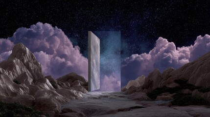 Ethereal Doorway in Cloudy Landscape Under Starry Night Sky