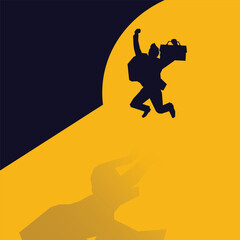 Minimalist vector illustration of a businessman jumping excitedly while holding a briefcase, casting a dynamic shadow on the ground