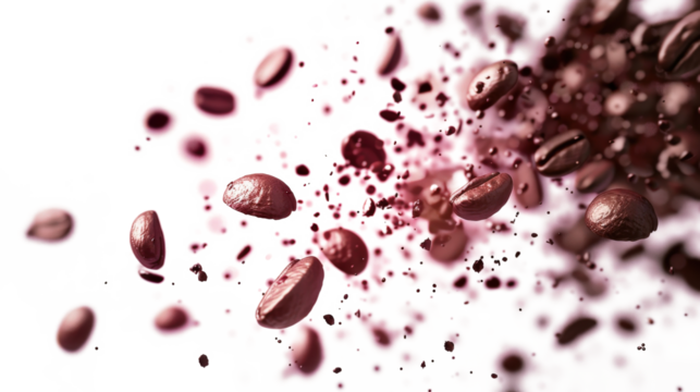 Flying coffee beans explosion with scattered fragments on white background