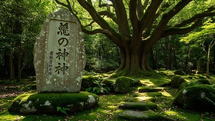 Japanese stone monument in a serene forest setting with lush greenery.
