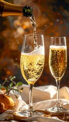 Sparkling champagne pours into tall glasses, festive, blurred background