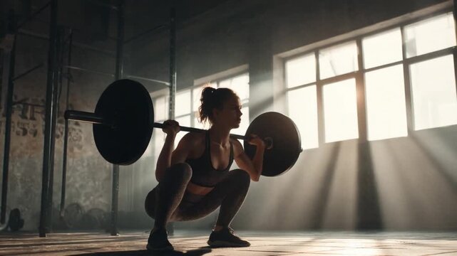 Weightlifting workout: A focused individual in a dim gym, demonstrating strength and determination while performing a barbell squat.