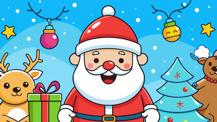 Festive cartoon of Santa Claus with reindeer, gifts, and Christmas tree, perfect for holiday greetings and children's designs with whimsical cheer