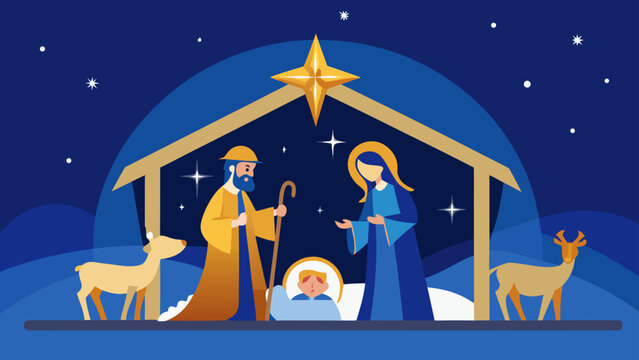 Classic nativity scene with Mary, Joseph, and baby Jesus under the Bethlehem star, celebrating the joy and wonder of Christmas in a vector style design