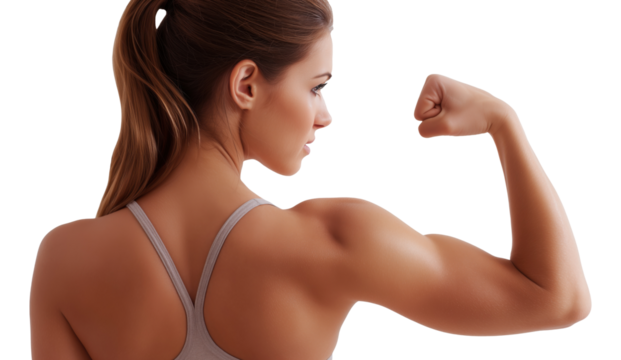 Fit woman flexing bicep muscle isolated on transparent background