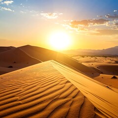 Sunny desert landscape, dunes and bright sun in the sky