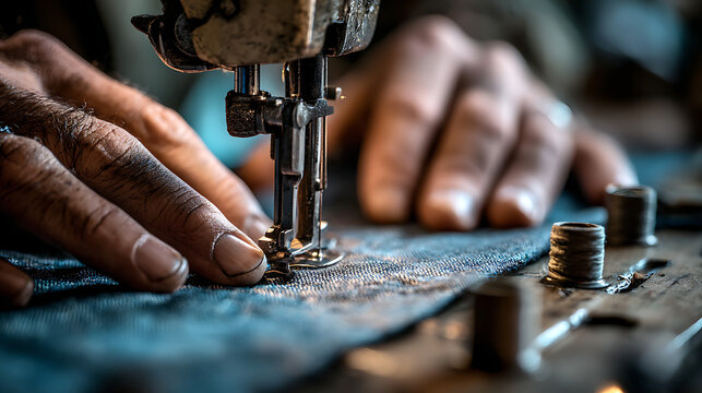 tailor creating garment with sewing machine close up of hands working with fabric in workshop setting focusing on thread detail precision and craft technique