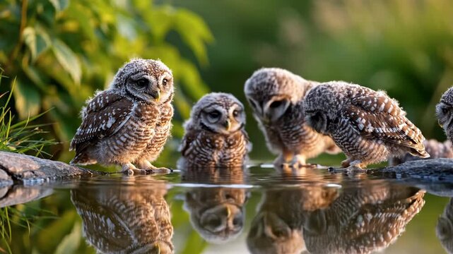 A group of adorable spotted owlet chicks drinking water from a still surface creating a perfect reflection