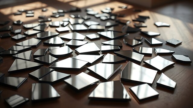 superego. Broken mirror pieces scattered on floor reflecting distorted surfaces. wellbeing guides, coaching materials, designed for coaching and self-improvement content, clarifies learning.