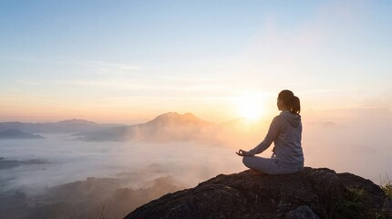 Person meditating on a rocky cliff overlooking misty mountains at sunrise